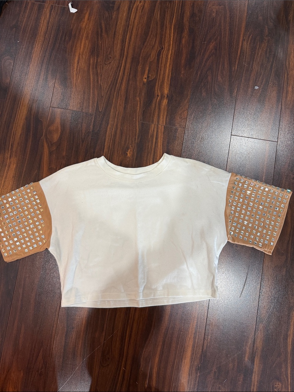 AKIRA White Tee with Tan Studded Sleeves